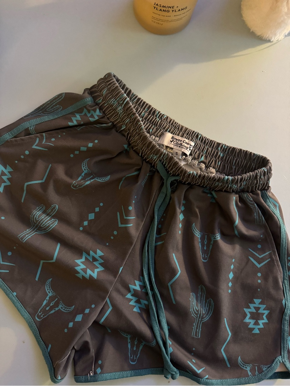 Rowdy Crowd Clothing Southwestern Print Athletic Shorts Teal on Charcoal Size S